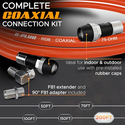 Image of G-PLUG RG6 Coaxial Cable 200FT - Triple Shielded, Waterproof, 75 Ohm with F-Type Connectors, High-Speed for HDTV, Satellite, Internet, Indoor /Outdoor Use