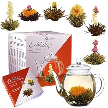 Creano – Mix di fiori di tè – Set Regalo Té Fiorito con bricco di vetro 500ml | Variazioni di 3x Tè bianco e 3x Tè nero (6 tipi diversi)