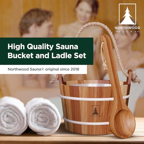 Northwood Sauna - Sauna Bucket and Ladle Set - Handmade from Canadian Red Cedar Wood - Natural Rope Handle - 1.6 Gallons (6 Liters) Water Capacity