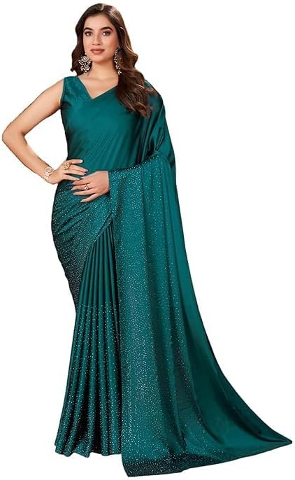 Latest Women's Satin Silk Hot Fixing Stone Work Saree with Unstitched Blouse piece.
