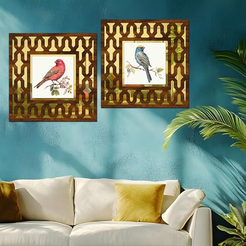 Image of Wooden Bird Painting Mirror Wall Decor Panel for Home Decor Living Room Bed Room Office (AD4, 12X12 Inches, Set of 2)