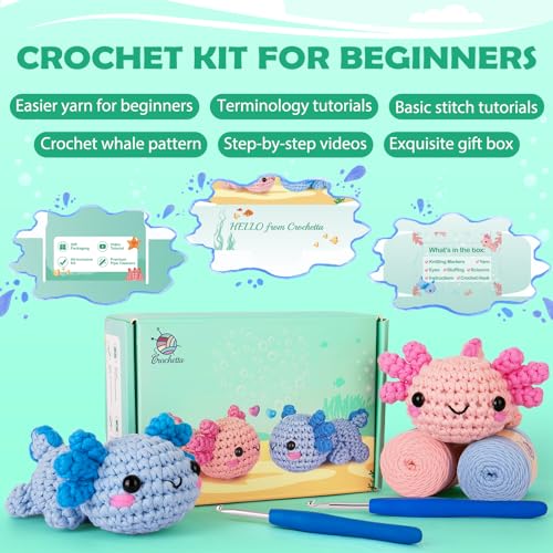 Image of Crochetta Crochet Kit for Beginners, Beginner Crochet Starter Kit w Step-by-Step Video Tutorials, Learn to Crochet Kits for Adults Women Men, DIY Knitting Supplies, Axolotls (Blue and Pink)