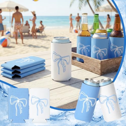 Image of SiliFine 12 Pcs Bachelorette Party Can Sleeves Bulk Coquette Bachelorette Party Decoration Cowgirl Can Sleeves for Bridal Shower Gifts (3.5 x 5.5 Inches,Blue Bow)