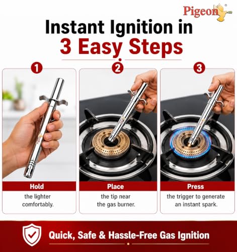 Image of Pigeon Super Gas Lighter Set of 2 with 2 Free Kitchen Knives Worth ₹40 | Piezo Ignition | Stainless Steel Barrel | Long Reach | No Battery Required | LPG & PNG Compatible | 12 Months Warranty