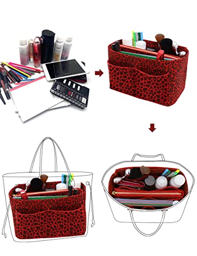 Image of LEXSION Felt Purse Bag Organizer Insert with zipper Bag Tote Shaper Fit Speedy Neverful PM MM, R-Leopard2, Medium