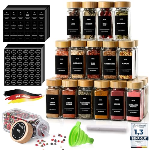 Gewürzgläser,gewürz organizer,gewürzgläser eckig - 24er Set-120ml - Gewürzdosen mit 342 Etiketten,spice jars,gewürzbehälter,gewürzgläse set,gewürzgläser mit streueinsatz