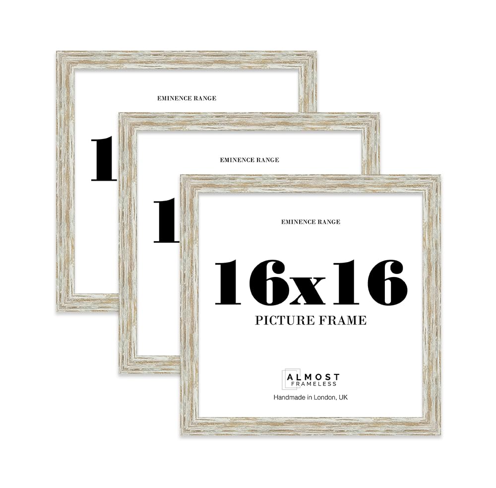 16x16" Distressed White Oak Picture Frame - Rustic Wood Industrial Effect Photo Frame for Wall Display, Ideal for Posters, Prints & Home Décor, Wall Hooks, 32mm Edge - 3 Pack