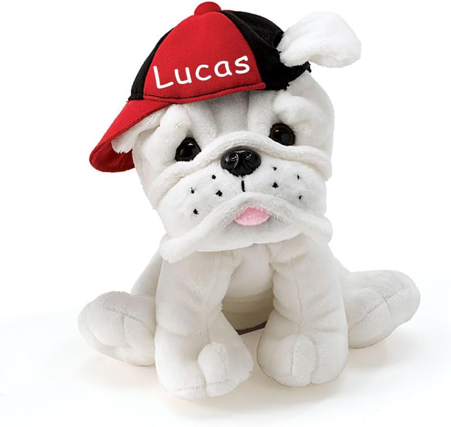 burton+BURTON Personalized Eugene White Bulldog in Baseball Cap Plush Stuffed Animal Toy with Custom Name - 7.5 Inches
