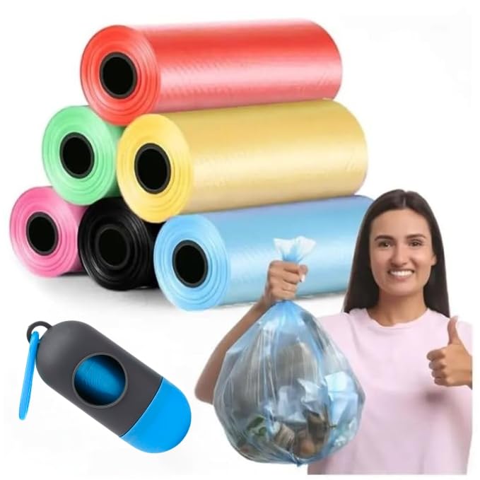 Om Designer Mini Trash Bags with Dispenser & Disposable Garbage Bags (22x30 cm) for Car, Home, Kitchen, Bathroom, Office Dustbins (1 Roll = 15 Bags) Random Color (Dispensor + 4 Roll (Random Color))