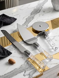3lü Kristal Görünümlü Saplı Çelik Servis Seti Pizza Kesici Kek Bıçağı Pasta Spatulası