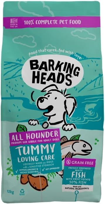 Barking Heads Complete Dry Dog Food 12kg - Adult All Hounder Tummy Loving Care Fish - Natural Grain Free Hypoallergenic for Sensitive Stomachs - Vet Approved