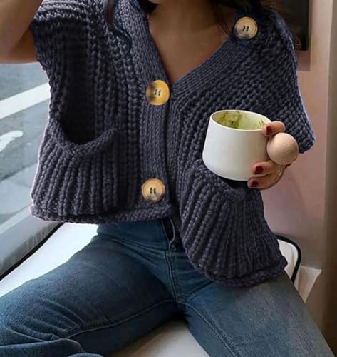 Naggoo Womens Crochet Chunky Knit Top Trendy Cardigan Sweater Vest Sleeveless Button Down Crop Tops for Women with Pockets2