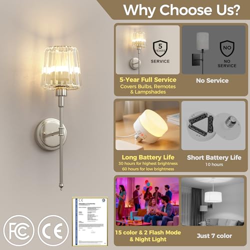 Image of DORESshop Battery Operated Wall Sconce Set of 2, Wireless Wall Light, 15 Color Rechargeable Wall Sconces, Sconce Wall Decor Set of 2 for Bedroom, Living Room, Nickel and Crystal, 24.6in