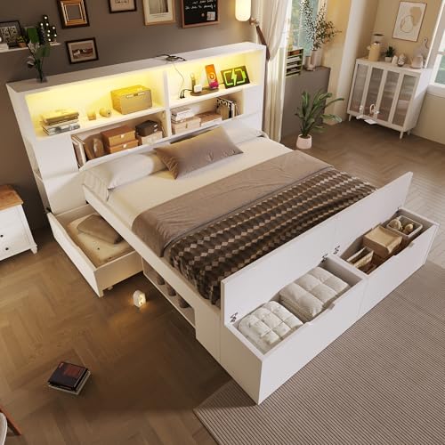 Zepneiy Lit Enfant 140x200 avec LED et USB, Lit Double 140x200 avec Tabouret Queue et tiroirs, avec étagères et sommier à Lattes, pour Adolescent et Enfant,...