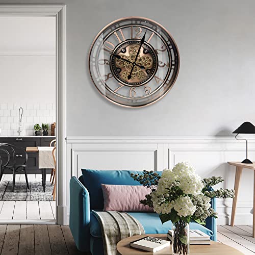 Dorboker Real Moving Gears Wall Clock Large Modern Metal Clocks For Living Room Decor, Industrial Steampunk Unique Vintage Rustic Decorative Clock For Home Farmhouse Office, 21 Inch Red Copper Arabic #TOP5