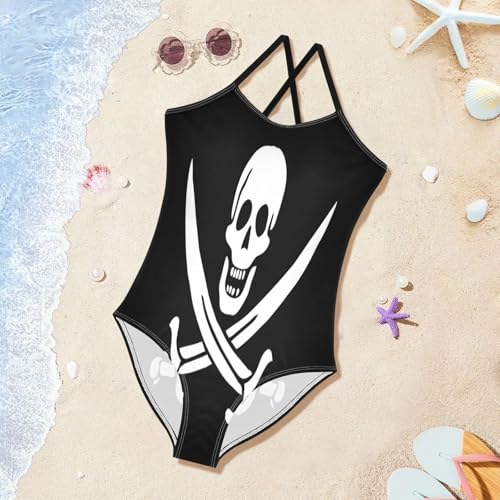 Pirate Flag Black Girls One Piece Swimsuit Beach Swimwear Quick Dry Kids Bathing Suits 5-6T2