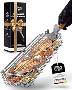 Grillkorb Edelstahl Set mit BBQ Handschuh – Perfekt für Gemüse & Fisch – Grill Zubehör für Gas-, Kohle- & Kugelgrill – Geschenk für Männer, Papa & Grillfans – Helden am Grill