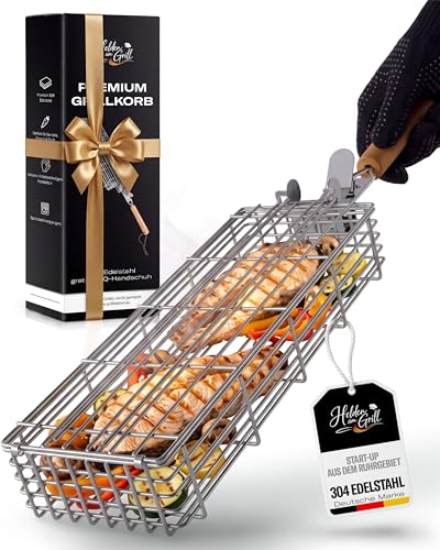 Grillkorb Edelstahl Set mit BBQ Handschuh – Perfekt für Gemüse & Fisch – Grill Zubehör für Gas-, Kohle- & Kugelgrill – Geschenk für Männer, Papa & Grillfans – Helden am Grill