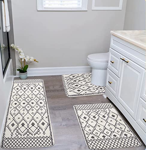 Uphome Bathroom Rugs Sets 3 Piece Boho Geometric Bathroom Runner With U-Shaped Toilet Rug Non-Slip Moroccan Farmhouse Beige Bath Mat Soft Velvet Machine Washable Bath Rugs For Sink Tub Shower #TOP5