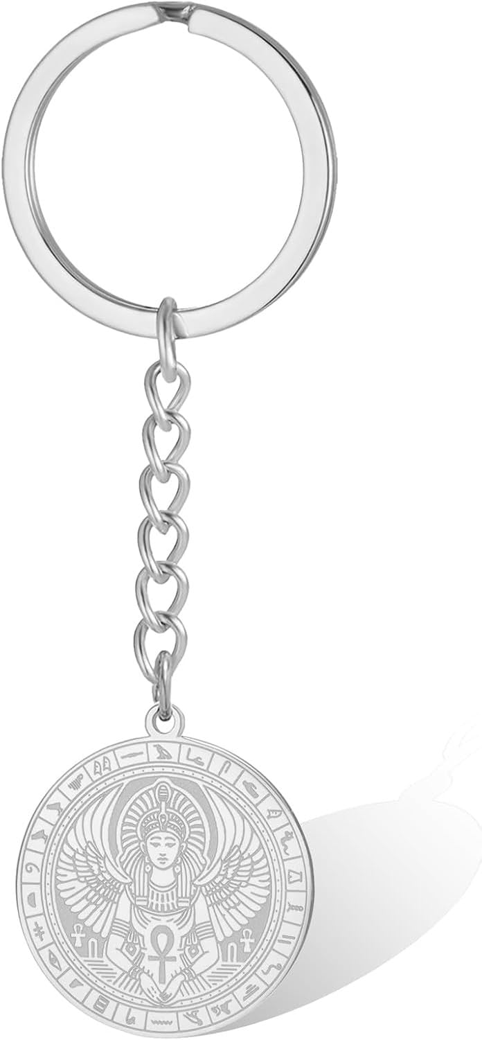 LGBBTI Vintage God Isis Wings Ankh Keychain Stainless Steel Long Amulet Charm Hieroglyphs Woman Angelic Wing Detail Jewelry Gift for Birthday Ladies, Silver