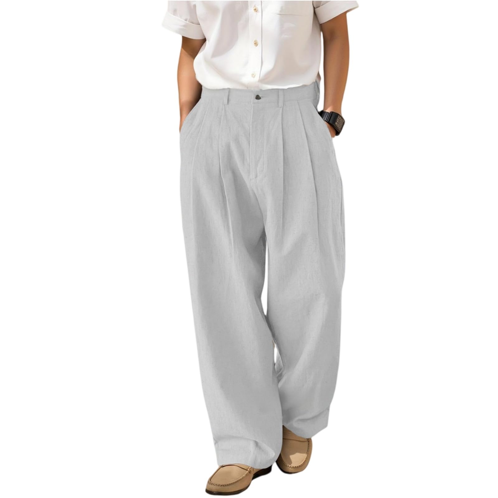Linen Pants Men Pleated High Waisted Dress Pants Summer Casual Pantalones de Vestir para Hombres Linen Trousers