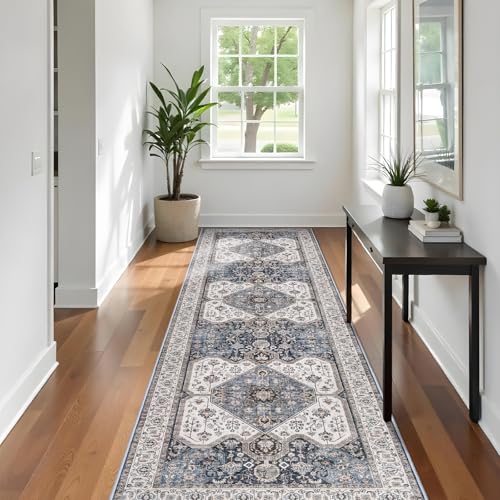 RUUGME Washable 3x10 Runner Rugs - Hallway Runner Rug for Living Room Kitchen Non Slip Stain Resistant Carpet Vintage Tribal Rugs for Bedroom BathroomHome Decor Floor Decoration Mat 3x10 Navy