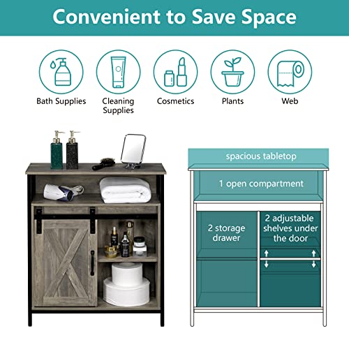 Image of VINGLI Farmhouse Bathroom Floor Storage Cabinet, Rustic Freestanding Cabinet Organizer w /Sliding Barn Door, 2 Large Drawers and Adjustable Shelves (Wash Grey)