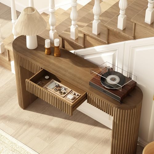 Image of Solid Wood Console Table with Drawer - 55 Inches Mid Century Foyer Table, Modern Fluted Entryway Hallway Minimalist Sofa Table, Oval with Drawer