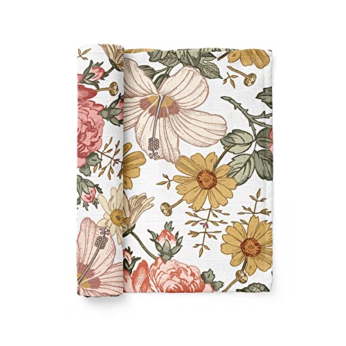 Image of Muslin Swaddle Blanket – Garden Floral (White) Floral Baby Blanket Wrap Cute Infant Newborn Essential Cotton Swaddle, Trendy Receiving Blankets, Great Shower Gift for Girls by Mini Wander