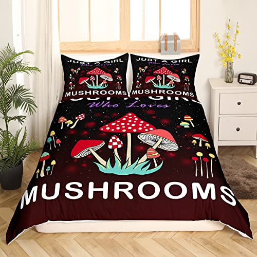 Mushrooms Bedding Set for Kids Boys Girls Galaxy Mushroom Comforter Cover Set Universe Botanical Plants Duvet Cover Bedroom Red Black Bedspread Cover Double Size 3Pcs - Image 3