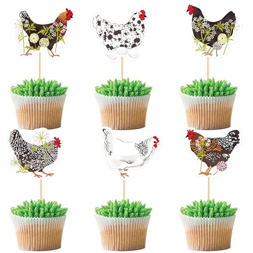 36Pcs Cute Chicken Hen Cupcake Toppers Egg Hatching Hens Cupcake Picks for Mother Hen Theme Birthday Party Chicken Farm Animals Baby Shower Girls Boys Birthday Party Cupcake Decorations