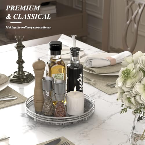 Image of Gray Marble Lazy Susan Turntable for Table Top - 10 inch Round Marble Tray Organizer for Dining Table, Kitchen Countertop & Bar, Luxury Stone Serving Tray with Silver Frame