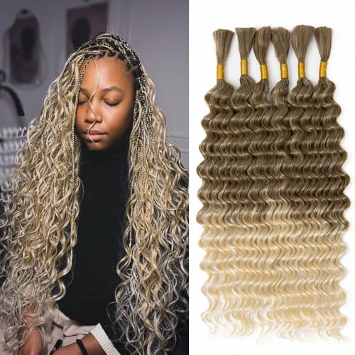 Deep Wave Bulk Hair for Braiding 20 Inch 6 Bundles 200g Natural Black Curly Braiding Hair for Boho Braids No Weft Wet and Wavy Braiding Hair Extensions (#27/613,200g/ 6 bundles)