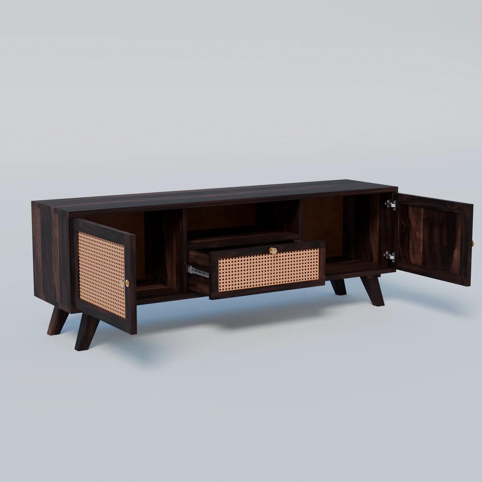 Image of Premium Solid Wood, 10 Minutes Assembly (Legs Only), Aesthetic Rattan Doors, Mid Century Entertainment Center for Living Room, TV Stand for 65 inch TV, Dark Chocolate (D-Dark Walnut)