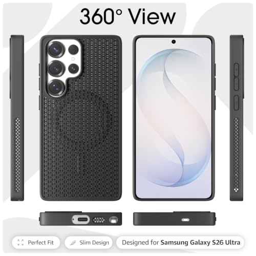 Image of Pikkme Back Cover for Samsung S26 Ultra 5G | Honeycomb Cooling Design | Silicone Heat Dissipation | Mag-Safe Compatible | Shockproof Camera Protection Bumper Case (Black)