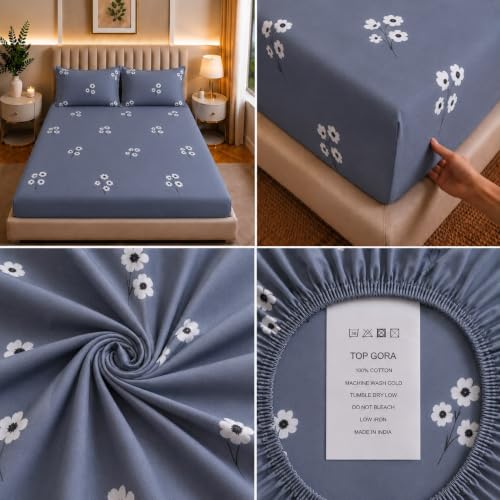 Image of Castiqa Elastic Fitted Supersoft Premium Polycotton 200TC King Size Bedsheets with 2 Pillow Covers | No Slip Bedsheet | Gray Sm Floral, King (72x78 Upto 10 inch Mattress)