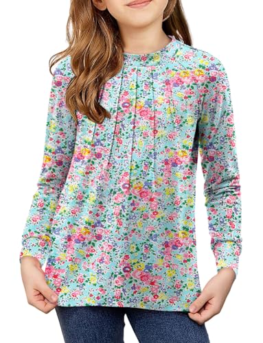 storeofbaby Girls Long Sleeve Shirts Casual Front Pleats Tops Round Neck Blouses 4-14 Years2