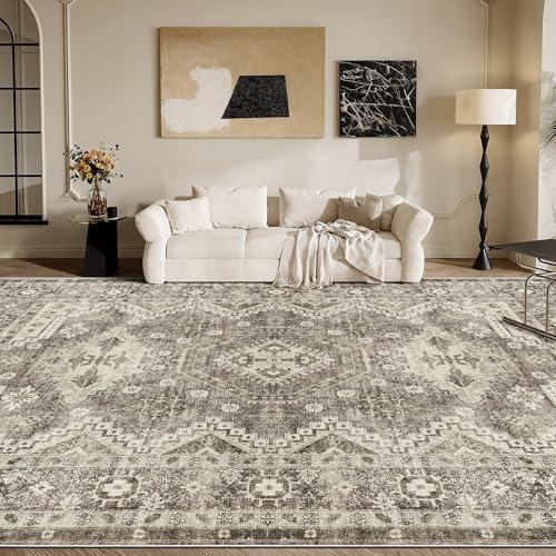 Rugland 5x7 Area Rugs - Stain Resistant Washable Rug, Anti Slip Rugs for Living Room, Vintage Tribal Area Rugs(TPR07-Ivory, 5'x7')
