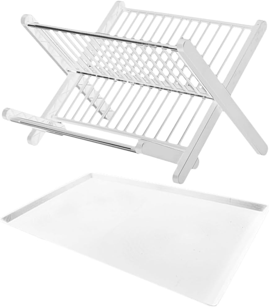 DOITOOL Stainless Steel Dish Drying Rack for Kitchen Counter: 2-Tier Dish Drainer Kitchen Plate Rack with Drainboard - Foldable and Compact for Space-Saving Storage, White
