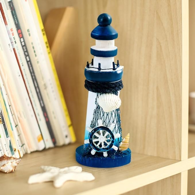 JJQHYC 2 Pezzi Faro in Legno - Decorazioni Marine per Bagno, Sala, Camera - Stile Nautico, Tema Mare Mediterraneo -Accessori Nautica Ornamento Casa Costiera