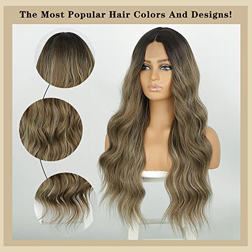 Lativ Long Wavy Wig Ombre Brown Mix Ash Blonde Wigs For Women Synthetic Hair Replacement Wigs Middle Part Natural Looking Heat Resistant Hair For Daily Party Use #TOP4