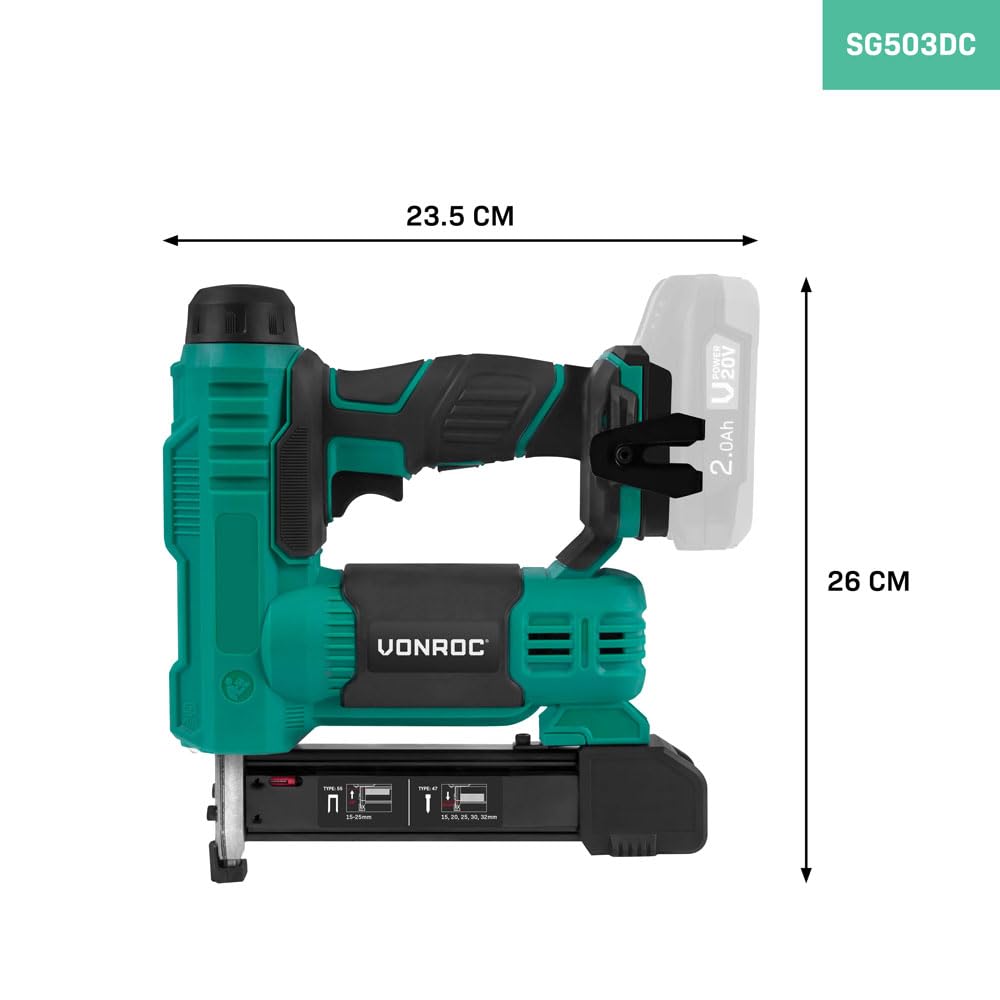 VONROC Agrafeuse Cloueuse Sans Fil 20V - 1000 Pièces d'Agrafes 20mm et 25mm Inclus - Taux Percussion 30 Clous/Agrafes par Minute - LED intégrée, Percussion Réglable, Sans Batterie Ni Chargeur