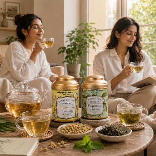 Image of Sancha Tea Boutique, Tea Combo Pack, Chamomile Herbal Tea (50g) & Peppermint Green (100g), Loose Leaf Blends, Caffeine Free Herbal Tisane & Refreshing Calming Drinks