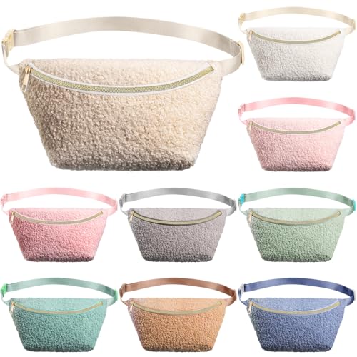 Amylove 9 Pieces Fanny Packs Nylon Waist Bag Zipper Travel Running Bag with Adjustable Strap for Women Men(Plush Light Color)