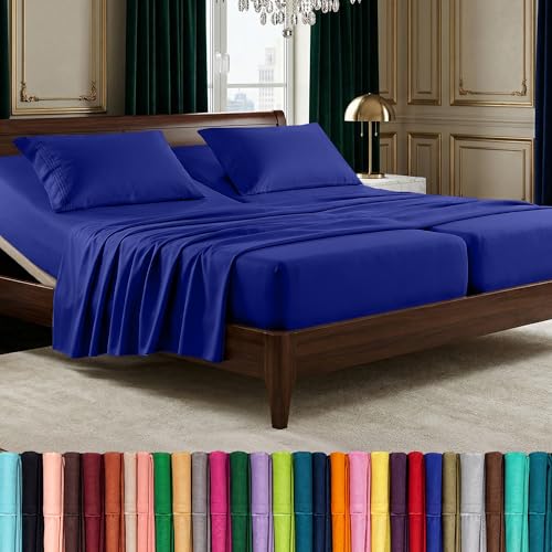 Image of Elegant Comfort Luxurious 1500 Premium Hotel Quality Microfiber Three Line Embroidered Softest 5-Piece Bed Sheet Set, Wrinkle and Fade Resistant, Split King, Royal Blue