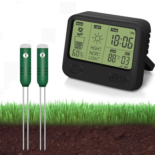KITHOUSE 4-in-1 Wireless Soil Moisture Meter/Thermometer/Sunlight/Time,PH Paper, Waterproof Plant Moisture Sensor Meter with Digital LCD Display for Garden, Lawn and Indoor Plants