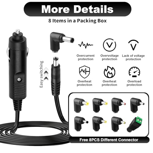 12V 2A KFZ Ladegerät 5,5 X 2,1mm, Auto DVD Player Ladekabel mit 8 Tips, 1,5 Meter Kabel Anzünder Adapter Stecker, Netzkabel Zigarettenanzünder für Router GPS Kamera Lautsprecher LED Lichtleisten
