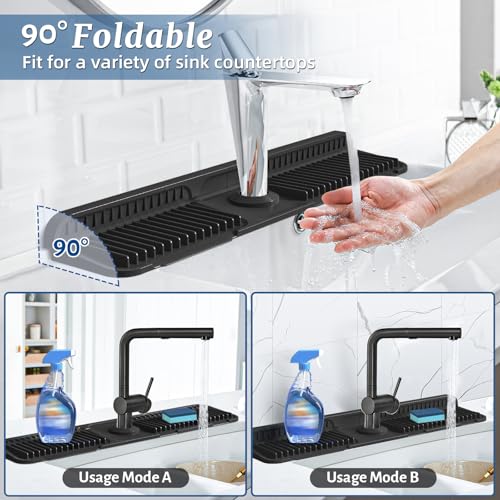 Image of PoYang 24 inch Faucet Mat for Kitchen Sink Splash Guard, 7 Slope Silicone Sink Water Splash Guard for Kitchen Sink Area with Snap Button, Longer Sink Protectors for kitchen Sink Sponge Holder, Black