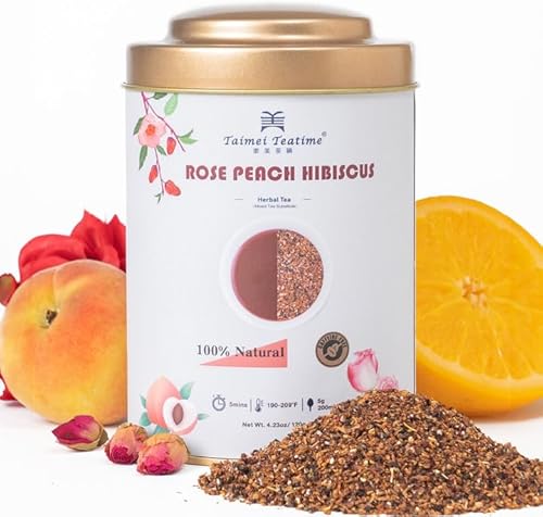 Taimei Teatime Rose Peach Herbal Loose Leaf Tea From Germany,Caffeine Free Fruit Tea in Resealable Tin (120g-50 Cups), Brew Hot and Iced Tea,Herbal Tea Gift For Mom,Women,Girl Friend and Tea Lovers