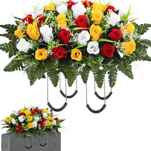 Artificial Cemetery Flowers Saddle, Grave Flowers Rose for Cemetery, Memorial Headstone Flowers Saddle for Grave Tombstone Decorations (1, Red & Yellow & White) image 6